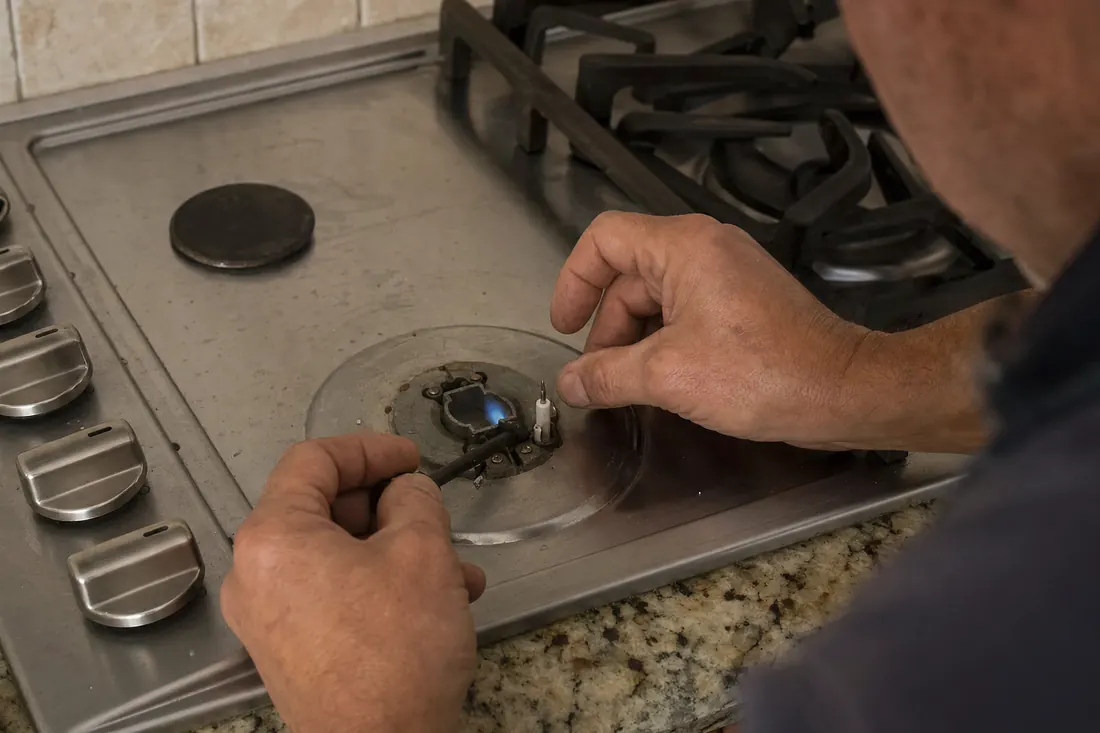 Hands relighting the igniter on a gas cooktop, one burner cap set aside, the removed burner cap in frame - Range Hood and Ventilation Repair