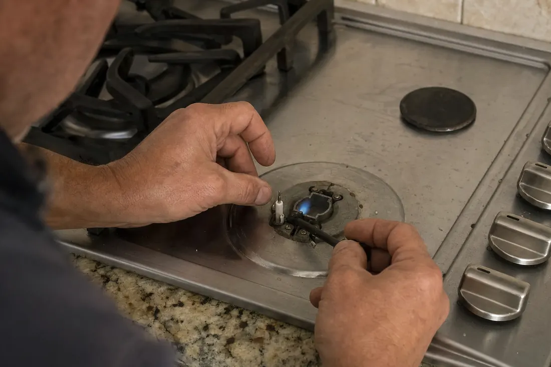 Hands relighting the igniter on a gas cooktop, one burner cap set aside, the blue flame in frame - Viking Repair Across the First Coast