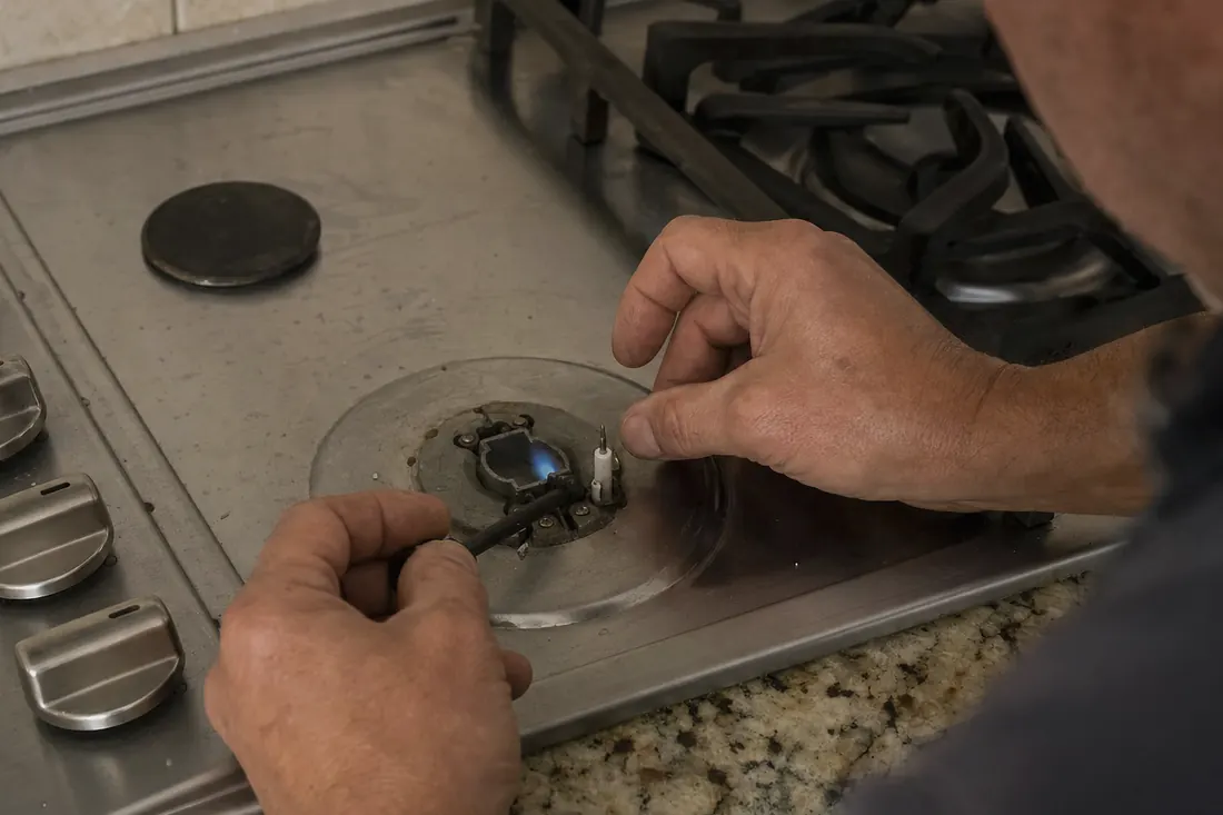 Hands relighting the igniter on a gas cooktop, one burner cap set aside, his hands in frame - Storm Season and Appliance Control Boards
