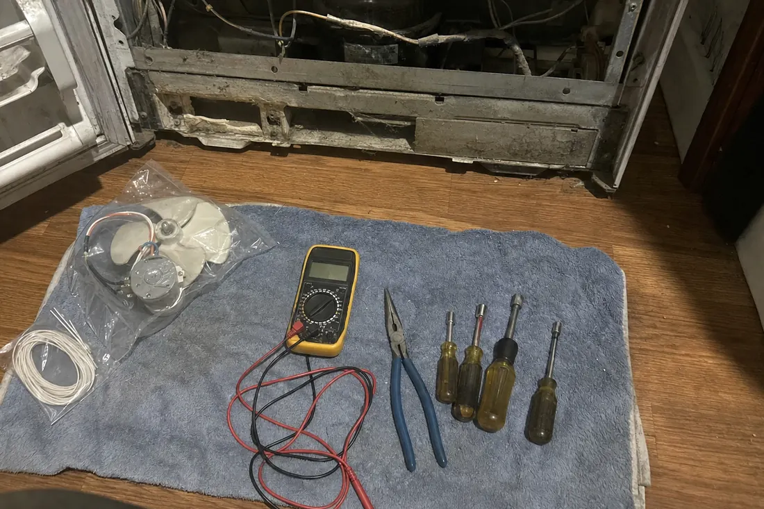 Flat-lay of nut drivers, pliers, a multimeter and a bagged fan motor on a towel, the bagged fan motor visible in the picture - The same 19 brands region-wide. What reaches them first