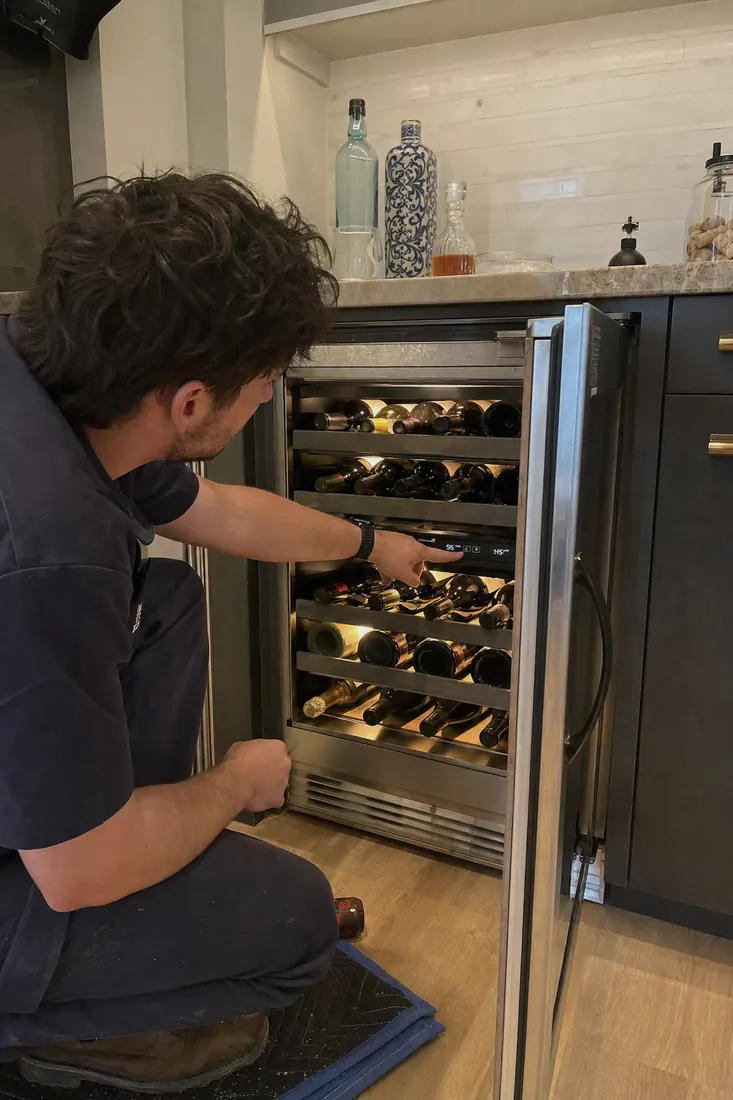 Technician at an open dual-zone wine unit, checking the temperature panel - Miele Repair Across the First Coast