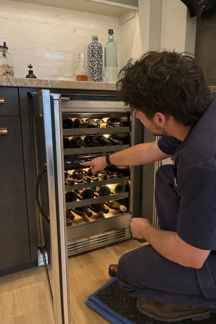 Technician at an open dual-zone wine unit, checking the temperature panel, the temperature panel in frame - Customer notes