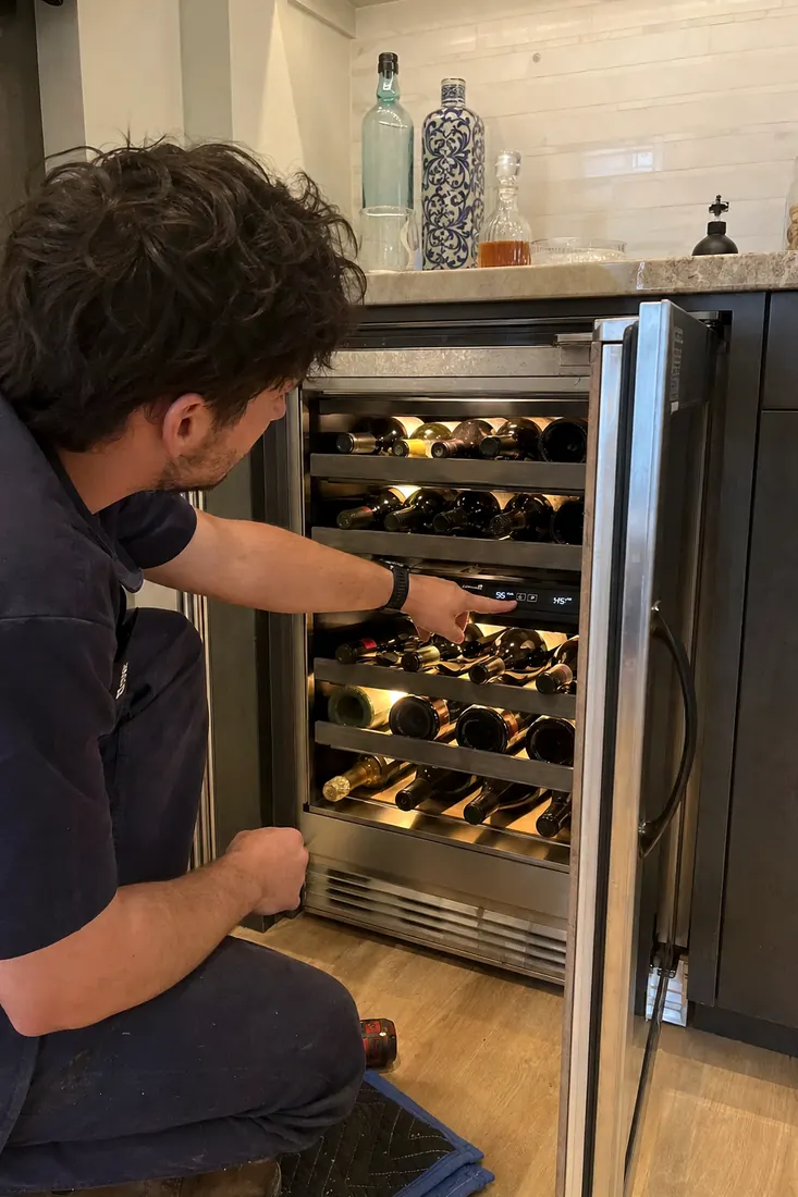 Technician at an open dual-zone wine unit, checking the temperature panel, the two cooling zones in frame - Independence and trademarks