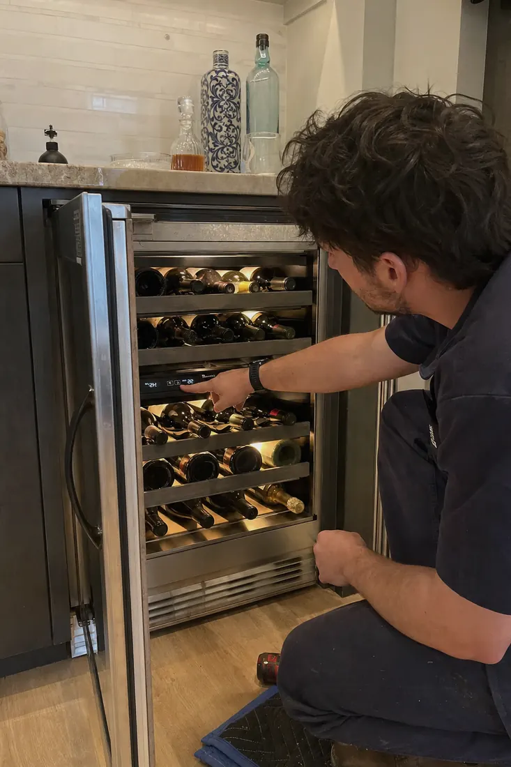 Technician at an open dual-zone wine unit, checking the temperature panel, the bar cabinetry in frame - Privacy notice