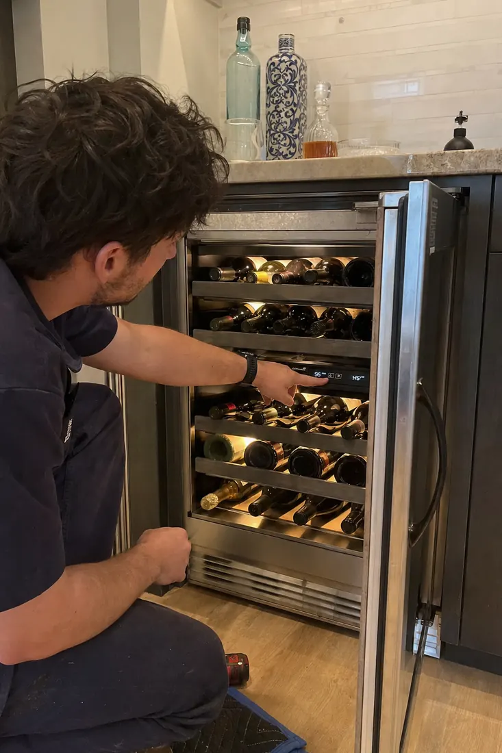 Technician at an open dual-zone wine unit, checking the temperature panel, the temperature panel visible in the picture - Terms of use